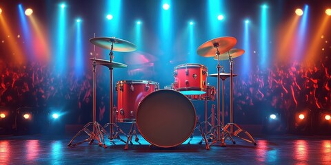  Vibrant drum set in bold red lacquer with shimmering cymbals, set on stage under colorful spotlights, faint silhouettes of cheering crowd in background.