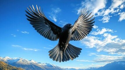 Fototapeta premium Bird soaring high above mountains, wings spread wide against a bright blue sky
