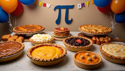 Delicious display of pies and desserts for a festive Pi Day celebration with colorful decorations