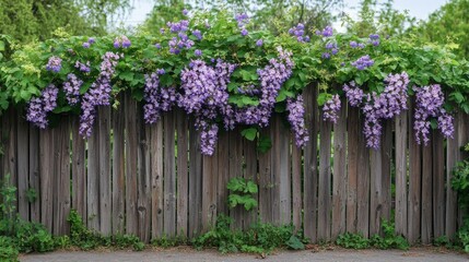 Blossoming vines climbing old wooden fence in spring