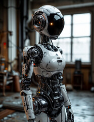 Android robot in an abandoned room