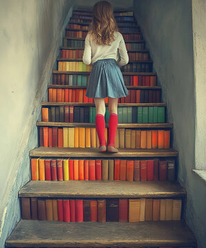 Chica sube unas escaleras repletas de libros representando la educaci&oacute;n 