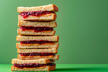 A stack of peanut butter and jelly sandwiches on a green background