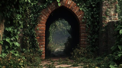 Fototapeta premium Brick archway of an ancient fortress, covered in vines and ivy