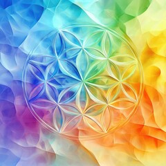 Fototapeta premium Vibrant Flower of Life 3D Geometric Imagery with Rainbow Abstract Colored Background
