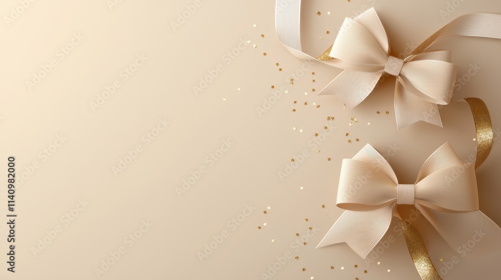 Poster flat lay of two large bows on a light beige background. the bows are made of a light-colored fabric 