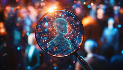 Magnifying glass is revealing a sparkling digital human silhouette, symbolizing the search for individuality and unique talent within a large, blurred crowd in a vibrant, bokeh-filled environment