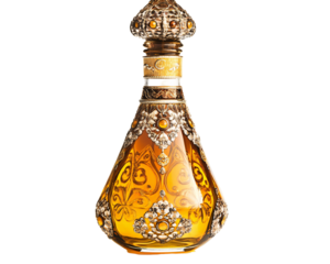 a glass bottle with a gold and silver design