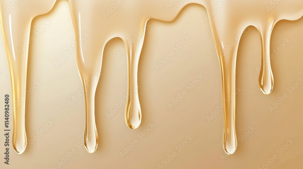 Poster group of five droplets of liquid dripping down a beige background. the droplets are of different siz