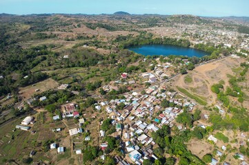 Aerial view of crater lake Lac Djabala and Lac Ampombilava. island of Nosy Be, Madagascar