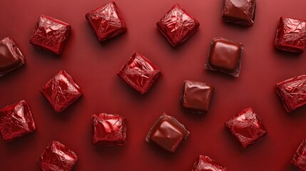 Red foil wrapped chocolates arranged on red background