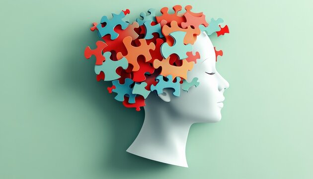 Womans silhouette with colorful puzzle pieces symbolizing creativity and problem solving