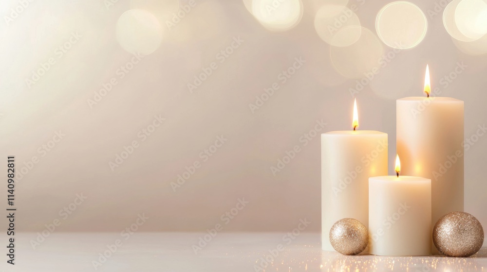 Poster three white candles on a white surface. the candles are arranged in a triangular formation, with the