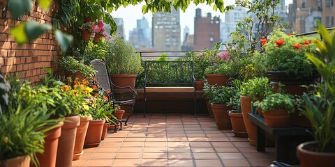 Naklejka premium Rooftop oasis with climbing vines in large pots creating canopy, smaller potted plants with bright tropical foliage adding bursts of color around simple wrought-iron bench.