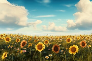 Obraz premium Vast sunflower field under a bright blue sky