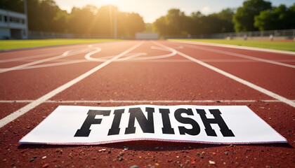 Finish line with "FINISH" banner on a running track illuminated by sunlight