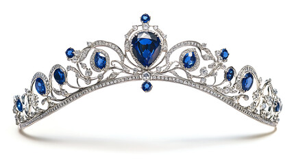 Fototapeta premium Tiara made of silver set with sapphires and diamonds on white