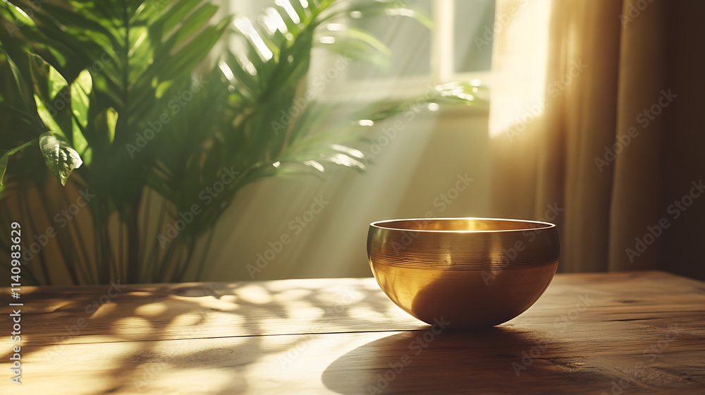 Aufkleber tibetan singing bowl standing on wooden table illuminated by sun with green plant in background crea