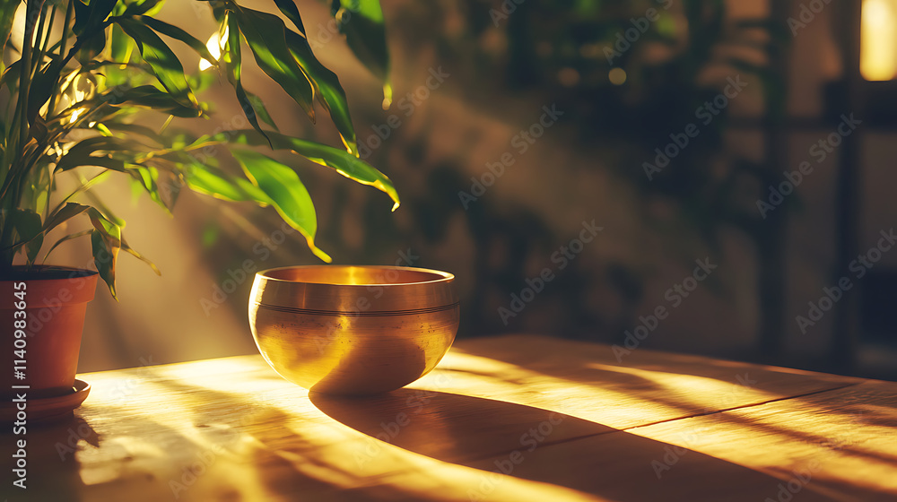 Poster tibetan singing bowl standing on wooden table illuminated by sun with green plant in background crea