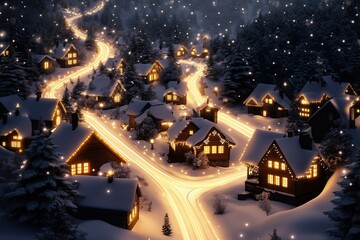 Winter Village with Warm Lights at Night