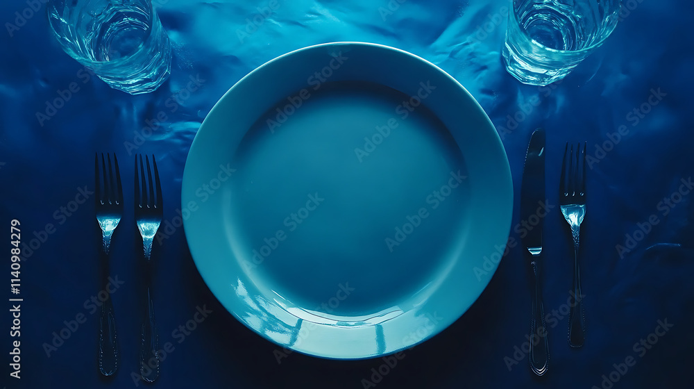 Poster top view empty plate, fork and knife on blue background