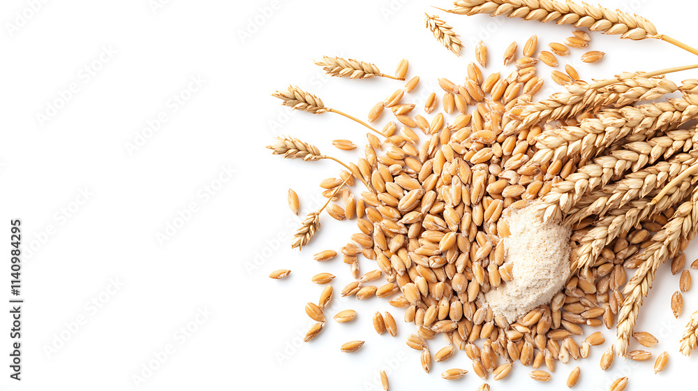 Poster top view of an integral rye flour pile isolated on a white background, top view of rye flour isolate