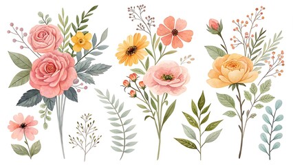 Watercolor illustration of different floral arrangements