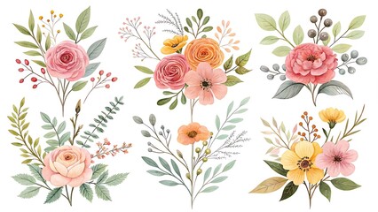 Watercolor illustration of different floral arrangements