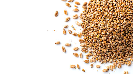 Top view of an integral rye flour pile isolated on a white background, top view of rye flour isolated on a white background, a heap of whole spelt wheat flour isolated on a white background
