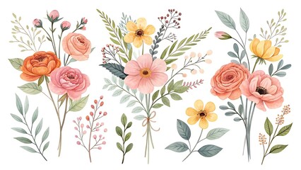 Watercolor illustration of different floral arrangements