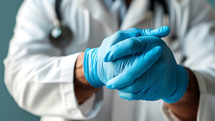 Doctor putting on blue gloves