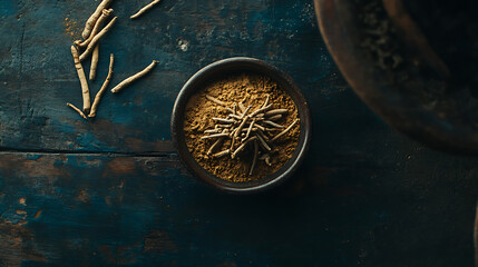 Top view of ashwagandha roots and powder in a bowl, placed on a rustic wooden table, herbal medicine concept