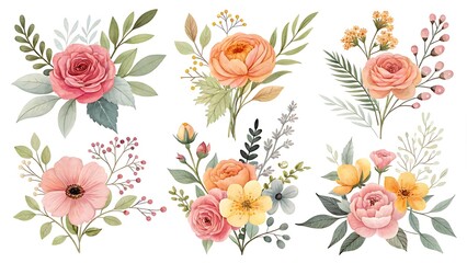 Watercolor illustration of different floral arrangements