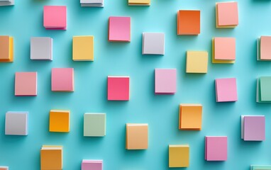 A vibrant array of pastel sticky notes arranged on a light blue background. Perfect for organization and creativity!