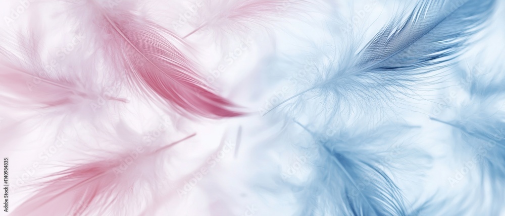 Poster close-up of a group of feathers in different shades of pink and blue. the feathers are arranged in a