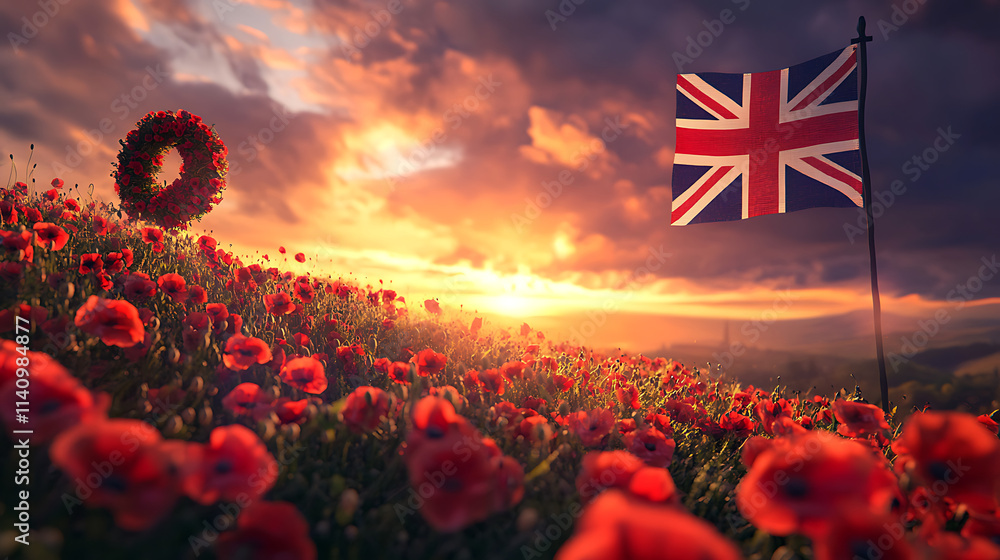 Poster touching remembrance day scene in the uk featuring a wreath of red poppies and the union jack under 