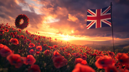 Touching remembrance day scene in the uk featuring a wreath of red poppies and the union jack under a sunset