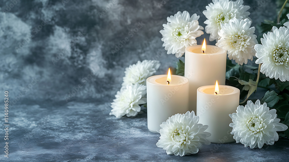 Aufkleber tranquil condolence background featuring lit candles and white chrysanthemums on a grey textured bac