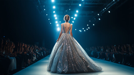 Stunning fashion model captivating the audience with a sparkling gown as she walks the catwalk at an elegant fashion show event
