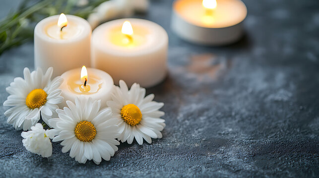 Tranquil condolence background featuring lit candles and white chrysanthemums on a grey textured backdrop symbolizing remembrance and sympathy