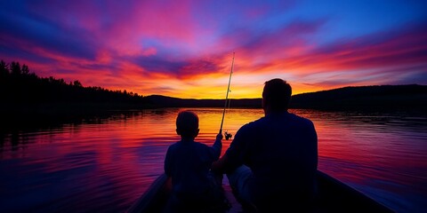 Father and son silhouetted in a canoe on a lake at sunset, fishing.