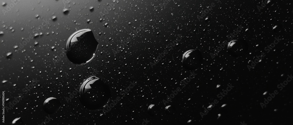 Poster close-up of multiple water droplets on a black surface. the droplets are of different sizes and shap