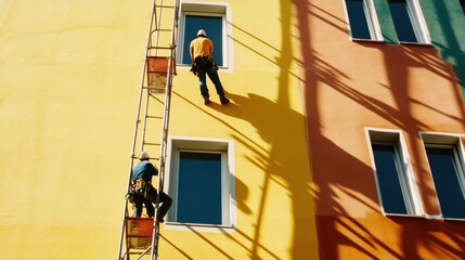 Construction workers painting a modern building facade in vibrant red and yellow hues, collaborating on scaffolding against striking geometric shadows during a sunny day, highlighting teamwork