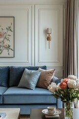 Elegant living room design featuring plush sofa and floral decoration in a modern space