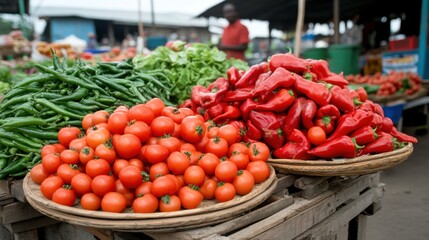 Fresh Vegetables and Red Peppers at Local Market Stall with Vibrant Colors and Healthy Choices