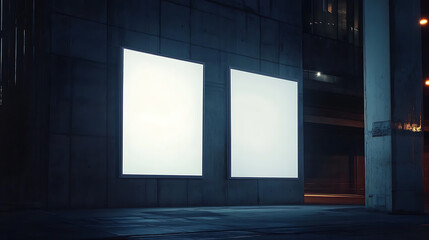 Two blank white banners on a building exterior for mockup advertisement, set against a well-lit urban background