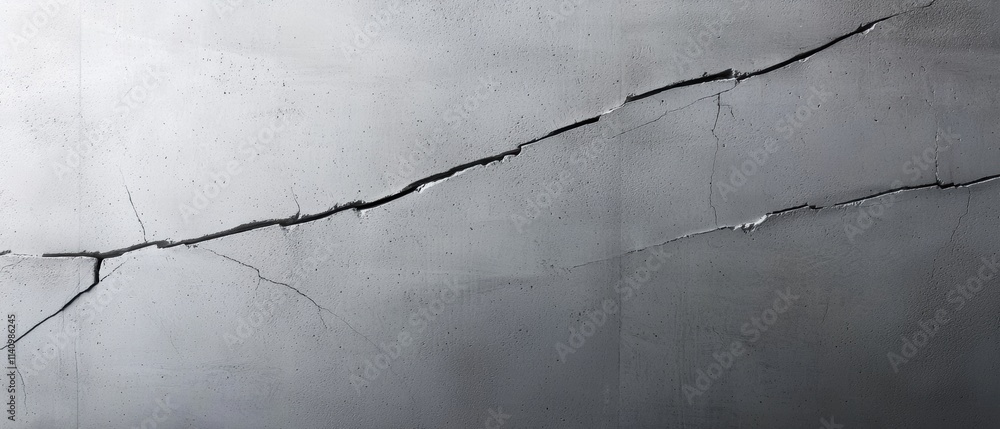 Poster close-up of a concrete wall with a large crack running through it. the crack appears to be deep and 