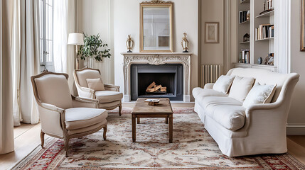 Two chairs and sofa near fireplace, french country interior design of modern living room