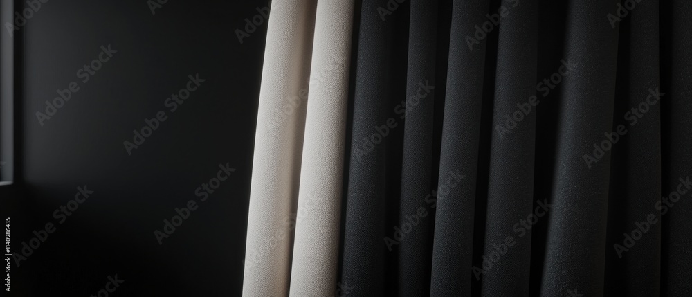 Poster close-up of a black curtain with vertical lines. the curtain is made up of multiple layers of fabric