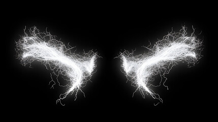 Two white thunder electric lightning bolts on black background dynamic natural energy